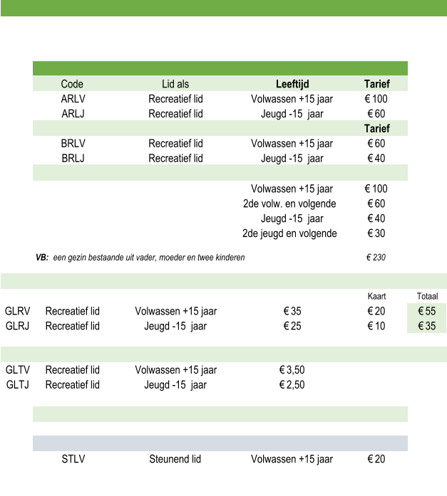 Code Lid als Leeftijd Tarief ARLV Recreatief lid Volwassen +15 jaar € 100 ARLJ Recreatief lid Jeugd -15  jaar € 60 Tarief BRLV Recreatief lid Volwassen +15 jaar € 60 BRLJ Recreatief lid Jeugd -15  jaar € 40 Volwassen +15 jaar € 100 2de volw. en volgende € 60 Jeugd -15  jaar € 40 2de jeugd en volgende € 30 VB:  een gezin bestaande uit vader, moeder en twee kinderen € 230 Kaart Totaal GLRV Recreatief lid Volwassen +15 jaar € 35 € 20 € 55 GLRJ Recreatief lid Jeugd -15  jaar € 25 € 10 € 35 GLTV Recreatief lid Volwassen +15 jaar € 3,50 GLTJ Recreatief lid Jeugd -15  jaar € 2,50 STLV Steunend lid Volwassen +15 jaar € 20